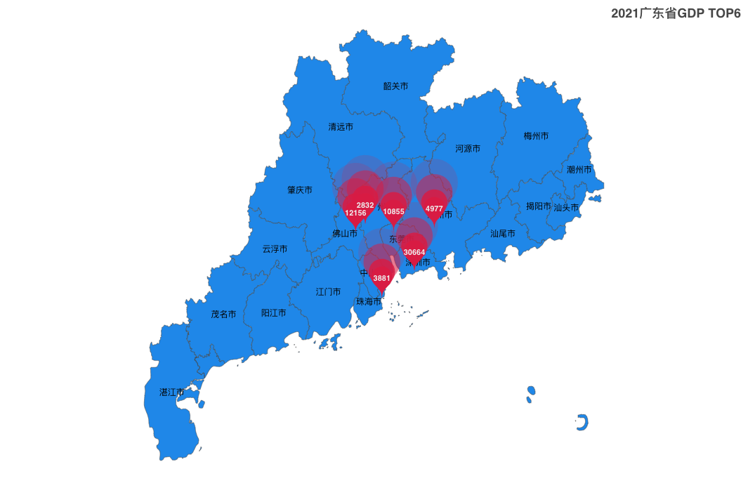 Označená statistická mapa nejlepších 6 měst v provincii Guangdong v průběhu 2021